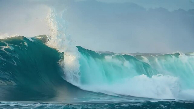 A slow motion ProRes video capturing beautiful stormy sea powerful water waves crashing coast showcasing turquoise waves dynamic horizon scene