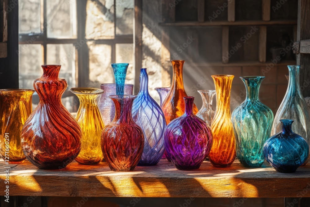 Aufkleber vibrant hand-blown glass vases in various shapes and colors are displayed on a rustic wooden shelf, 
