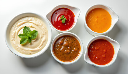 Ultra High-Resolution Flat Lay of Various Tasty Dipping Sauces in White Bowls from Top View, Isolated on Background