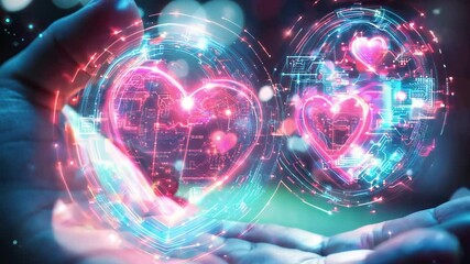 Futuristic handheld holographic hearts in dynamic digital display with glowing effects - Powered by Adobe