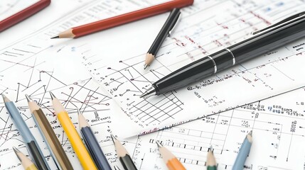 Colorful Pencils and Black Pen on Detailed Drawings