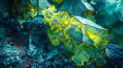 Intricate yellow crystals contrast sharply with the dark rock surrounding them, highlighting the beauty of natural mineral formations in a unique geological context.