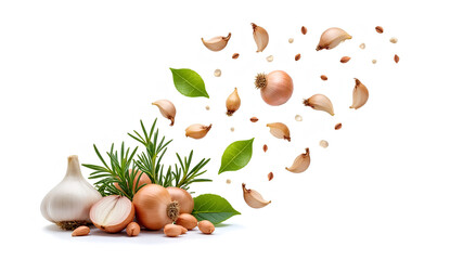 Ultra High-Resolution Image of Flying Fragrant Spices, Garlic, Onion, Rosemary, and Basil Isolated on White Background