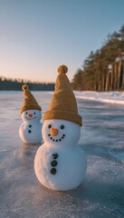 Obraz premium Two cheerful snowmen in knitted hats stand on a frozen lake at sunset.
