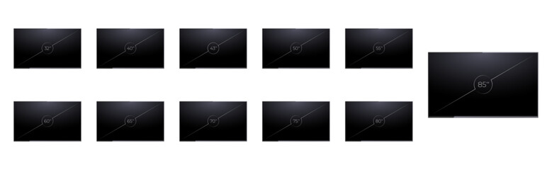 Smart TV screen size set. Diagonal screen size in 32, 40, 43, 50, 55, 60, 65, 70, 75, 80, 85 inches. LED TV display collection. Vector illustration
