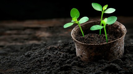 Naklejka premium Young Seedlings Thriving in Compost Indoor Garden Micro Landscape Close-up View Growth Concept for Urban Gardening