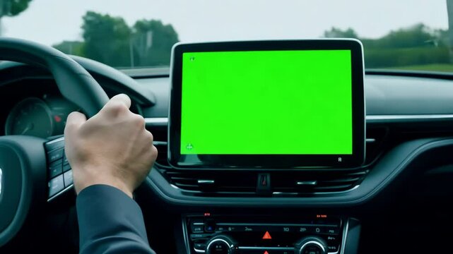 Navigator with green screen in the car dashboard. GPS module. Driver using smart phone with green background. Man steering wheel, driving on highway with smartphone navigation. Digital display monitor