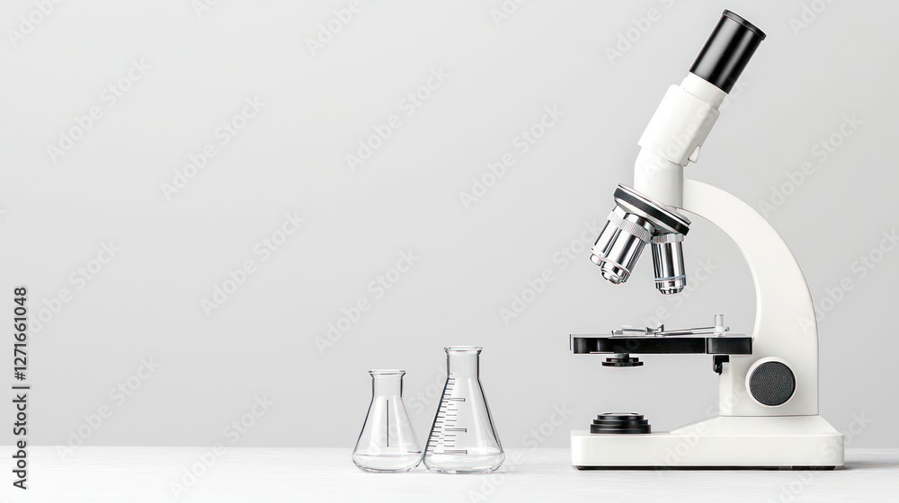 Poster white microscope and empty beakers on a white table