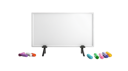 A white board with a bunch of colorful markers on it