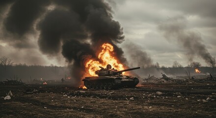 Burning Tank Battlefield Destroyed Tank
