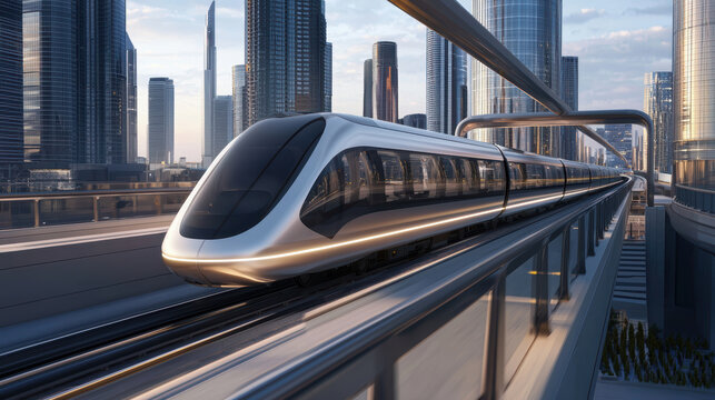 Futuristic transportation hub with hyperloop trains, AI-controlled smart traffic systems, high-tech city innovation