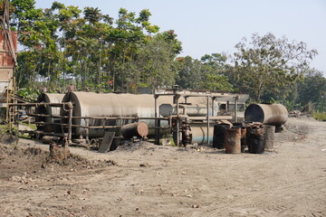 Giant bitumen boiler in the concrete manufacturing plant with nature background