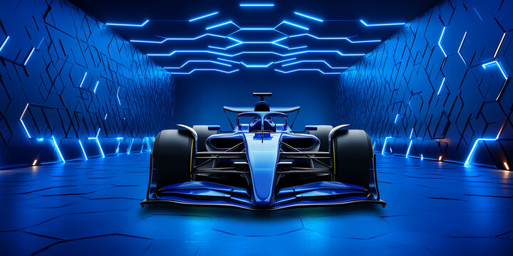 A sleek blue formula single seater race car is showcased prominently in a vibrant blue illuminated space within honeycomb hexagonal exhibition hall. Car launch motorsport and racing concept