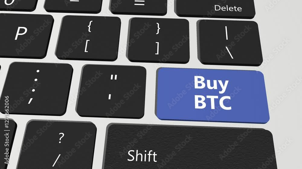 Poster button on laptop keyboard buy bitcoin. close up of buy and sell button in online crypto currency or 
