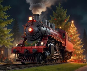 Fototapeta premium Steam-powered locomotive with a festive red light and greenery in front of a towering Christmas tree, misty atmosphere, snowy landscape