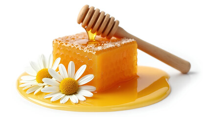 Ultra High-Resolution Image of Honeycomb with Chamomile Flower and Wooden Honey Dipper Isolated on White Background