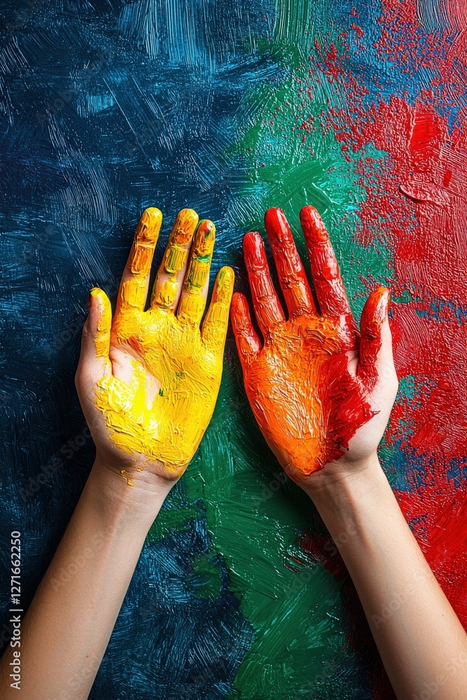 Poster vibrant image of human hands covered in colorful paint against an artistic background. this striking