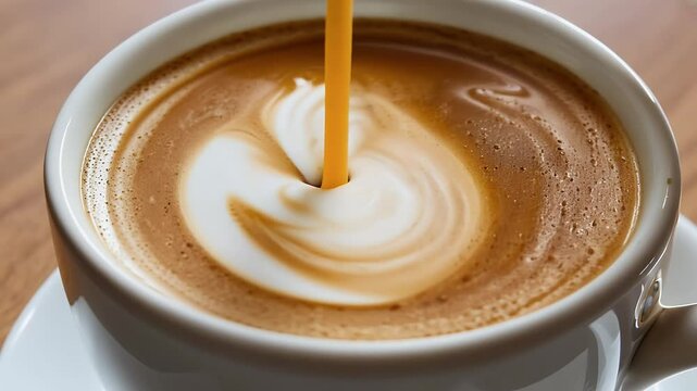 A visually appealing shot coffee showcasing appetizing coffee foam being quickly stirred spoon white cup ideal caramel advertising screensavers music latte coffee milk