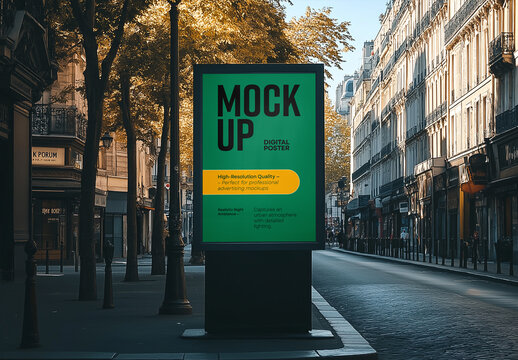 Realistic urban digital lightbox mockup with a blank advertising display, perfect for city outdoor media, street billboard ads, and customizable branding templates