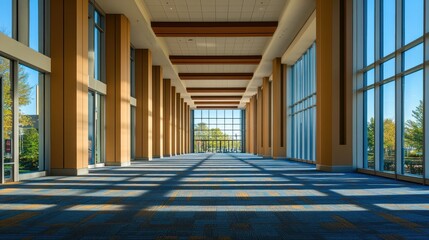 Sunlit spacious modern convention center hallway with large windows and wooden beams.