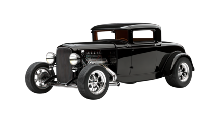 A black vintage car with chrome wheels and a chrome hood