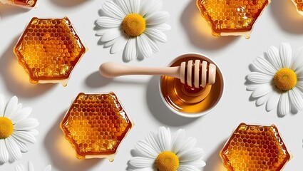 Ultra High-Resolution Image of Honeycomb with Chamomile Flower and Wooden Honey Dipper Isolated on White Background