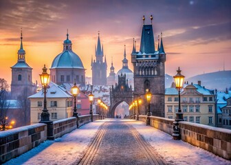Fototapeta premium Charles Bridge Prague Winter Morning Low Light Photography - Old Town Bridge Tower