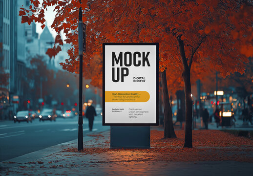Realistic urban digital lightbox mockup with a blank advertising display, perfect for city outdoor media, street billboard ads, and customizable branding templates