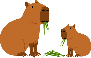 cute brown capybara and baby eating glass character illustration