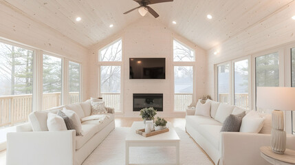 Fototapeta premium Modern living room interior featuring white sofas, a fireplace, and large windows with forest views.