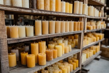Many handmade candles are neatly arranged on wooden shelves, creating an interesting visual pattern
