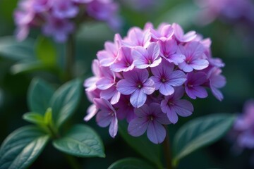 Fototapeta premium Delicate cluster of light purple blossoms, nestled amongst lush green foliage, bathed in soft sunlight