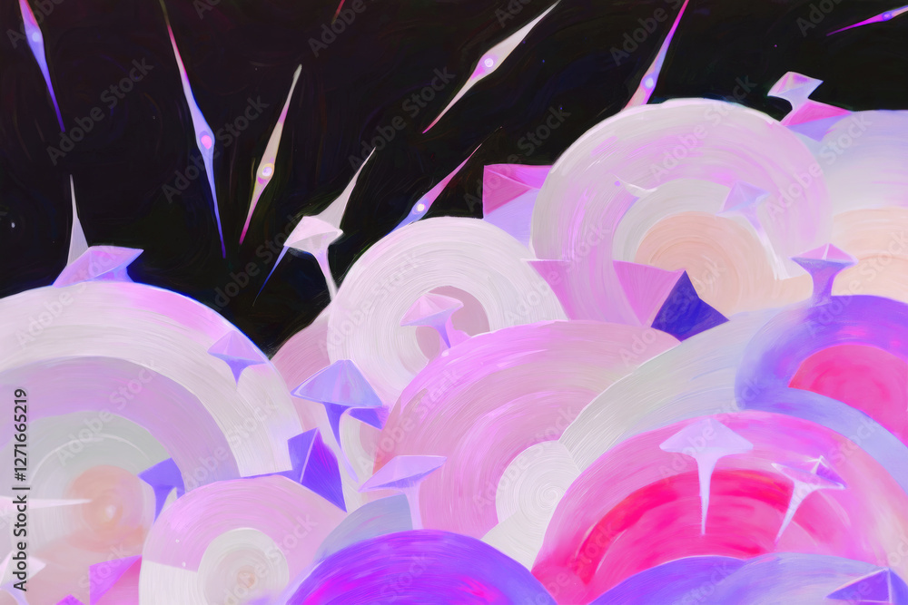 Poster vibrant abstract painting features swirling pastel circles and sharp geometric shapes against dark b
