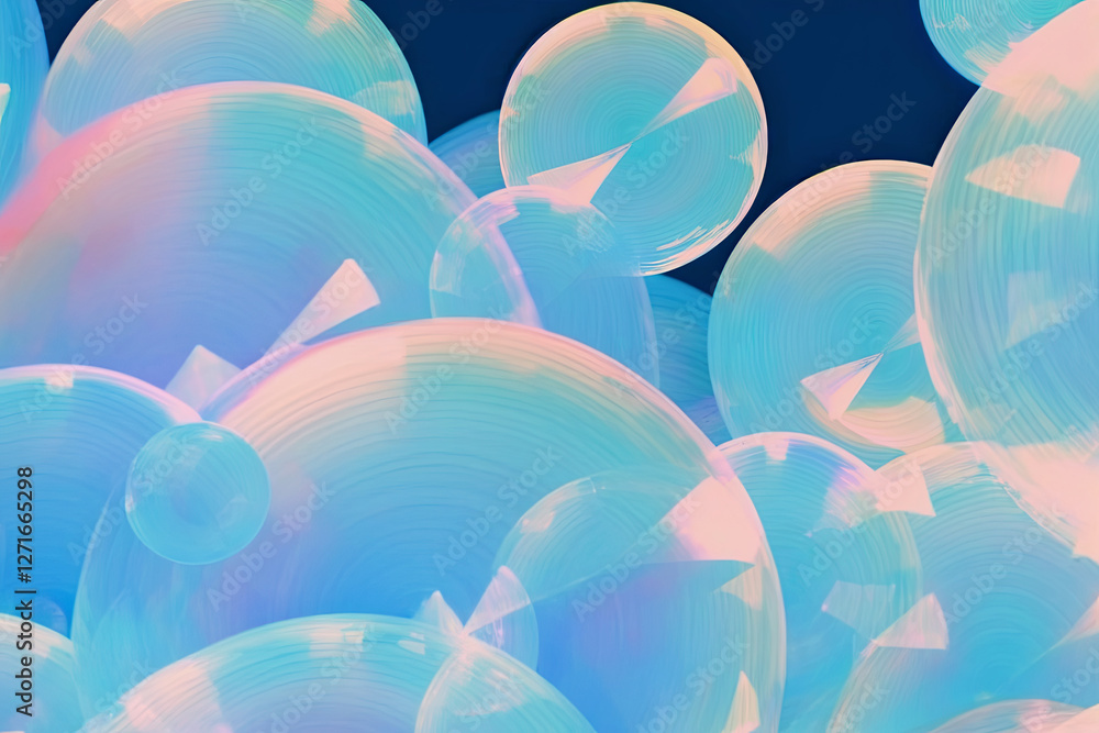 Poster collection of pastel blue bubbles with soft, iridescent glow float against dark background, creating