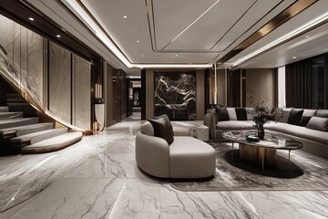 Luxurious modern living room interior design with marble floors, curved staircase, and comfortable seating.
