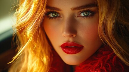 Fototapeta premium Stunning Portrait of a Young Woman with Golden Hair and Red Lips