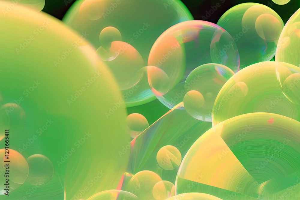 Poster vibrant collection of translucent, pastel green bubbles with soft, iridescent glow creates dreamy an