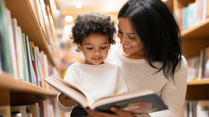 Latina mom sharing storybook with child, smiling warmly during peaceful reading time in cozy library setting