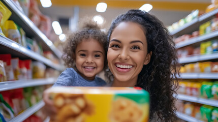 Happy hispanic mom and her little daughter holding a colorful cereal box while shopping together in a grocery store