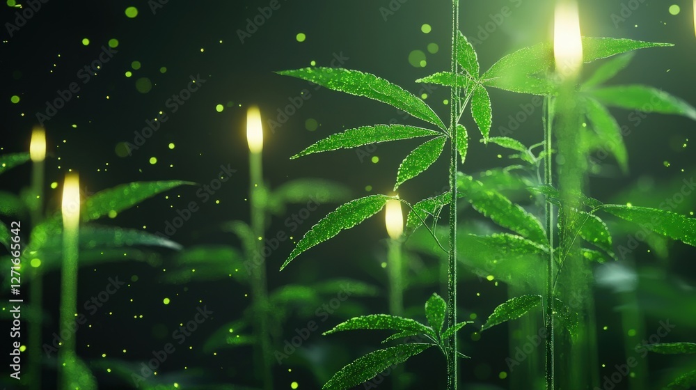 Poster a close-up view of vibrant green leaves illuminated softly, creating an enchanting atmosphere. the i