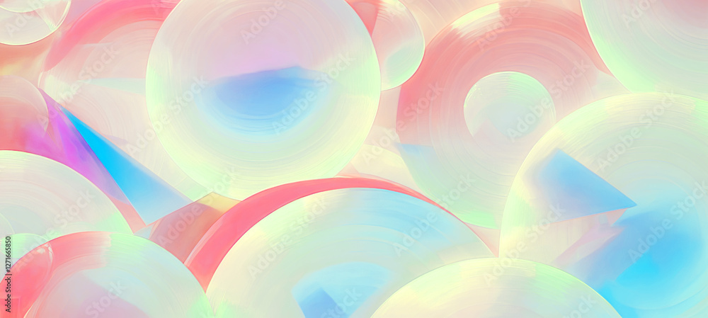 Poster dreamy abstract image featuring pastel colored bubbles with soft, iridescent glow, creating whimsica