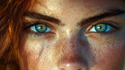 Naklejka premium Close-Up of Young Woman with Freckles and Distinctive Blue Eyes