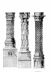 Black and white illustrations of three historic, decorative chimneys on a white background.