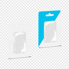Rectangular empty cardboard back clear plastic blister box with euro hole. 3d mockup. Rectangle hanging individual product sleeve package. Realistic vector mock-up. Easy editable template