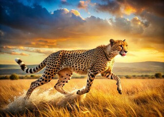 Fototapeta premium Cheetah in Full Sprint Across African Savanna Grasslands - Wildlife Photography