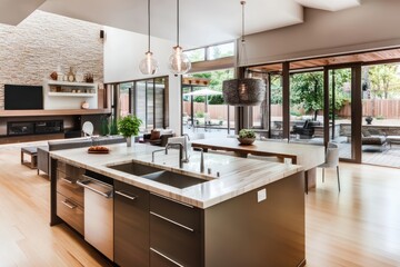 Fototapeta premium Modern Kitchen Island Design Open Floor Plan Home