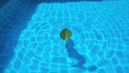 The ripples in the blue swimming pool are caused by a leaf floating on its surface , leaf, blue pool, ripples