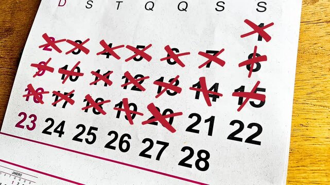 a calendar with all of the days crossed out with a red pen. Concept for busy month, time management, or end of summer. Crossing Out Dates On Calendar