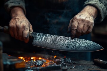 Knife maker holding custom made damascus steel knife over hot coals