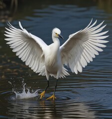 Obraz premium The Snowy Egret's feathers ruffle as it shakes off the water after catching a fish, hunting bird, snowy egret